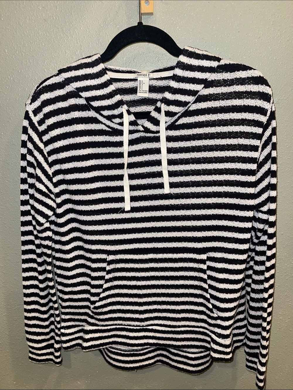 Forever 21 Black and White Striped Hooded Knit Sweater